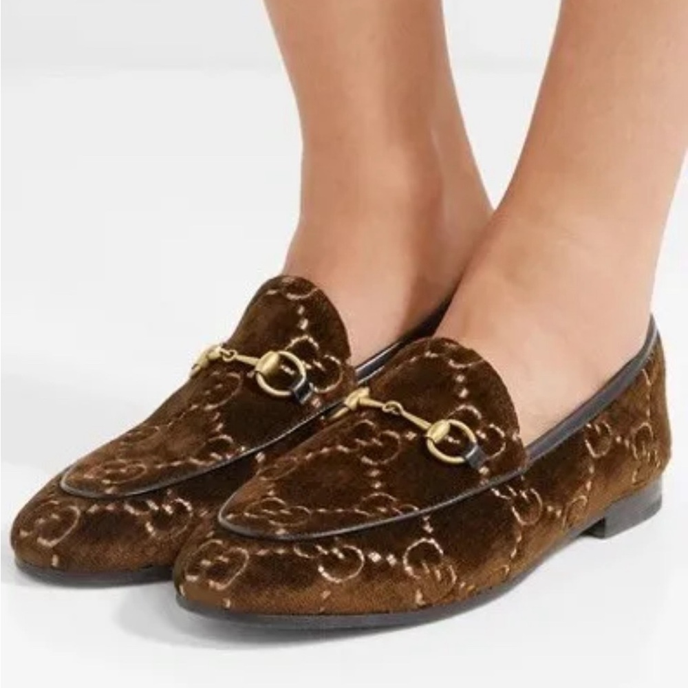 GUCCI WOMENS GG BROWN VELVET LOAFERS JORDAAN. Sz 6